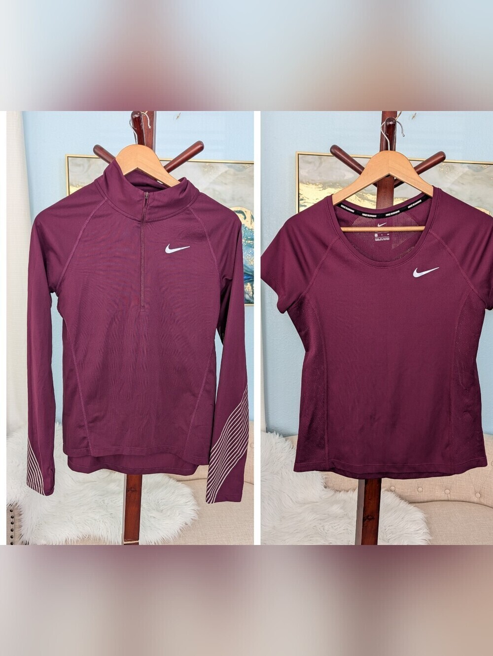 Lost of 2 piece Nike Burgundy Long-Sleeve Half Zip & Short Sleeve Dry Fit Women.